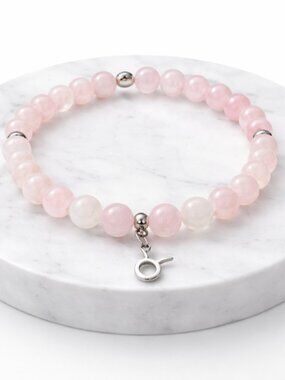 Taurus Rose Quartz White Jade Bracelet Silver Zodiac Charm Beaded Jewelry